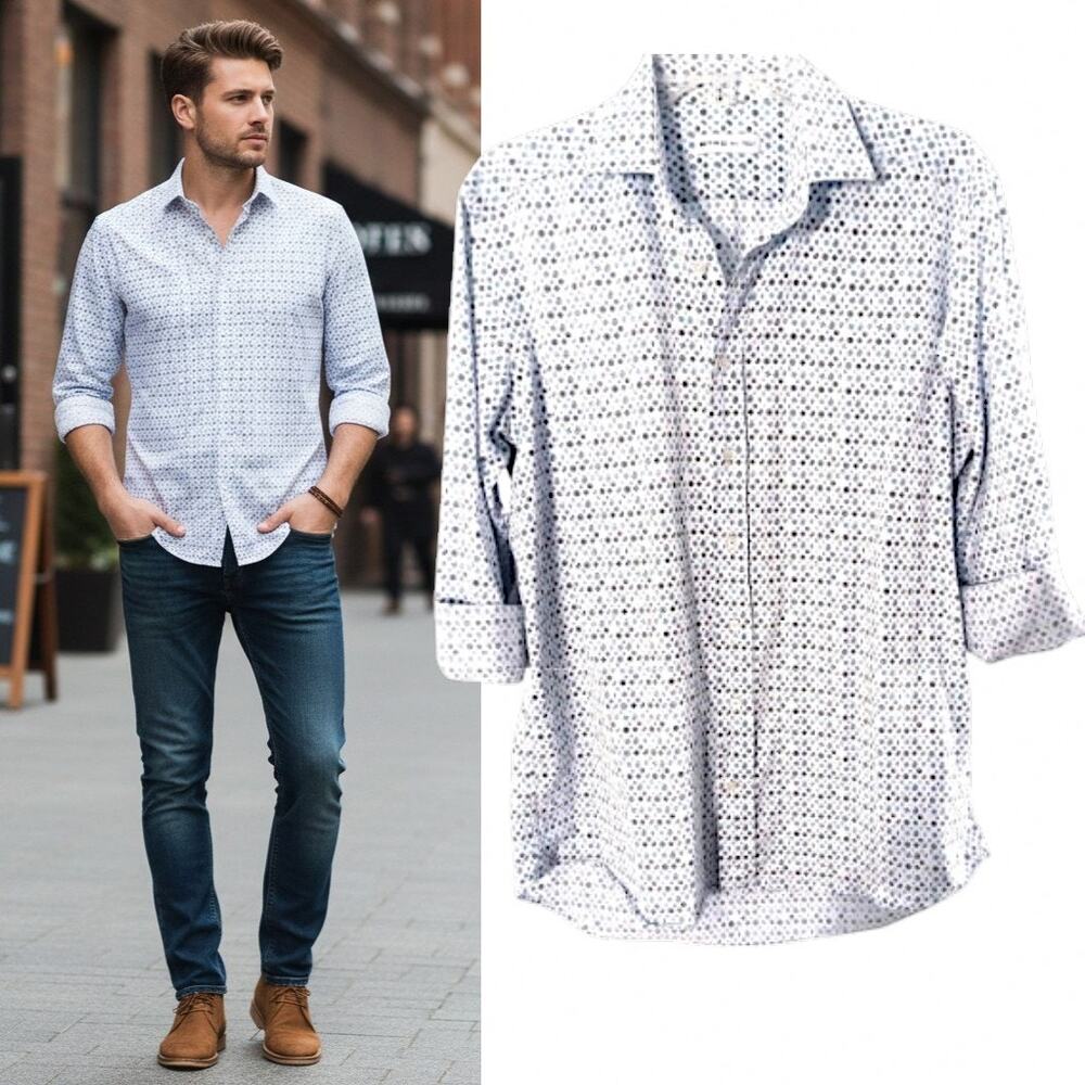ETRO Mens Button Up Shirt EU 41 US 16 L White Multicolor Print Italy Long Sleeve